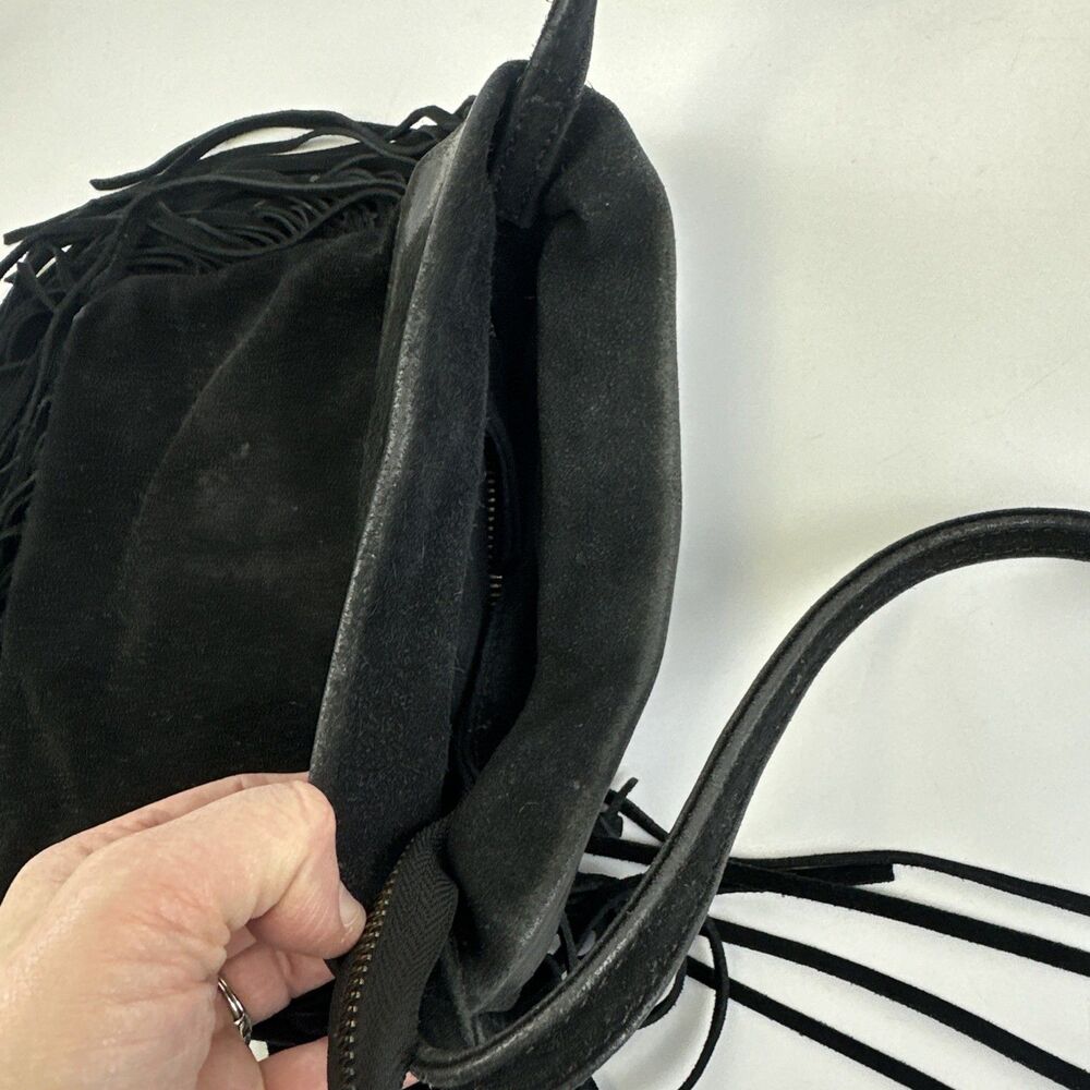 Monserat de Lucca Black Suede Fringe Trim Purse Crossbody Bag Zip Festival Boho - Picture 5 of 16